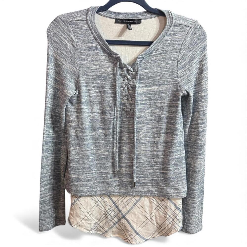 White House Black Market Top Shirt Blue Gray Lace-Up Plaid Layered Hem Size XS